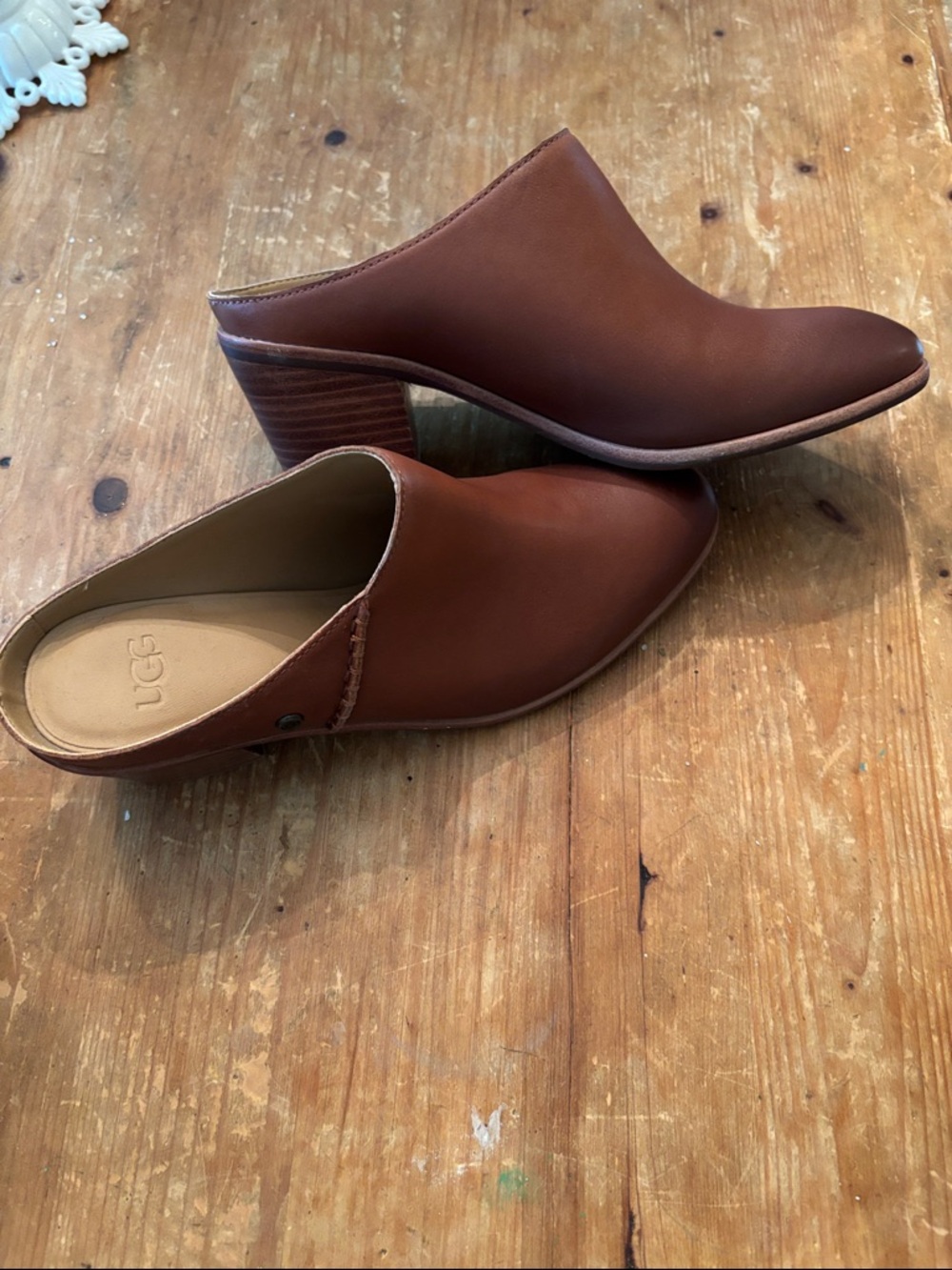 UGG Brown Leather Slip-On Block Heel Mules size 8